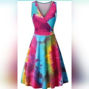 GUBERRY Womens Tie Dye Dress Wrap V Neck Fit and Flare A-Line Swing Sundress